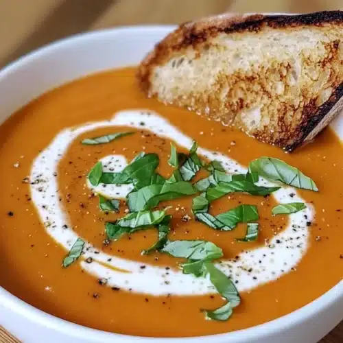 Creamy Roasted Tomato and Red Pepper Soup served with bread