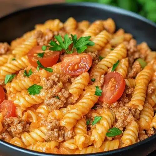 Creamy Rotel Pasta With Ground Beef in a bowl, topped with parsley.
