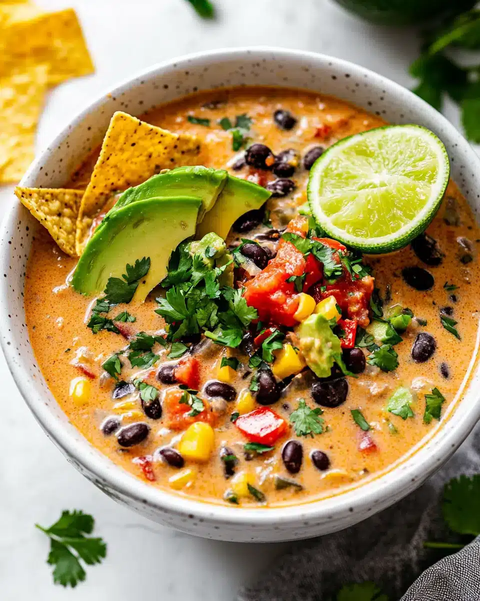 Delicious Creamy Taco Soup Creamy Taco Soup topped with avocado and tortilla chips.