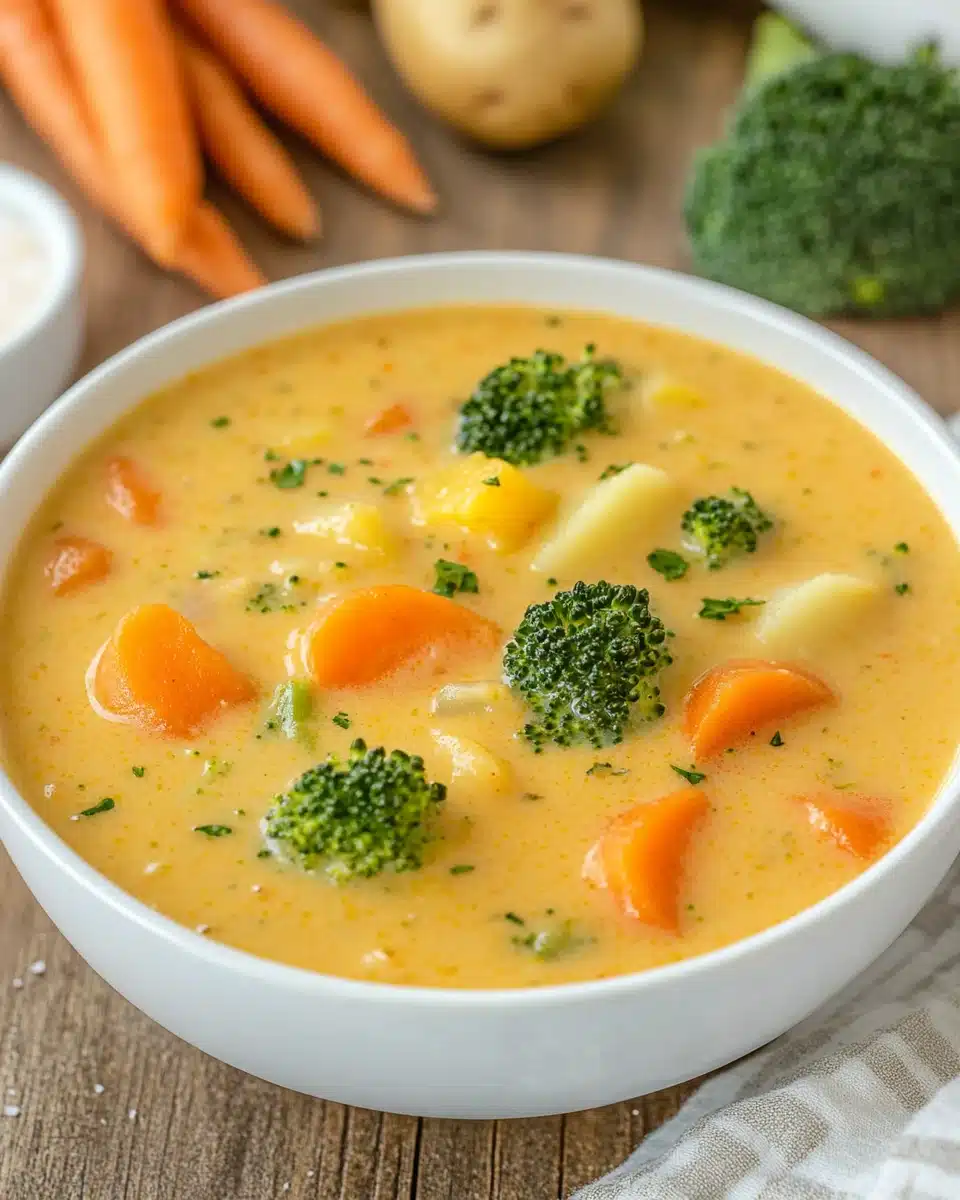 Creamy Vegetable Soup in a bowl with vibrant vegetables.