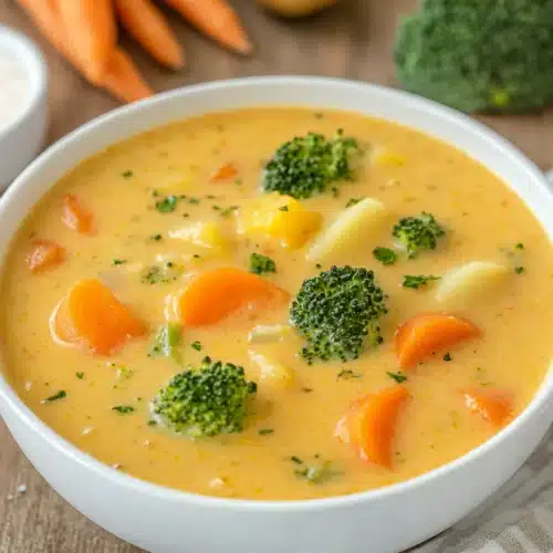 Creamy Vegetable Soup in a bowl with vibrant vegetables.