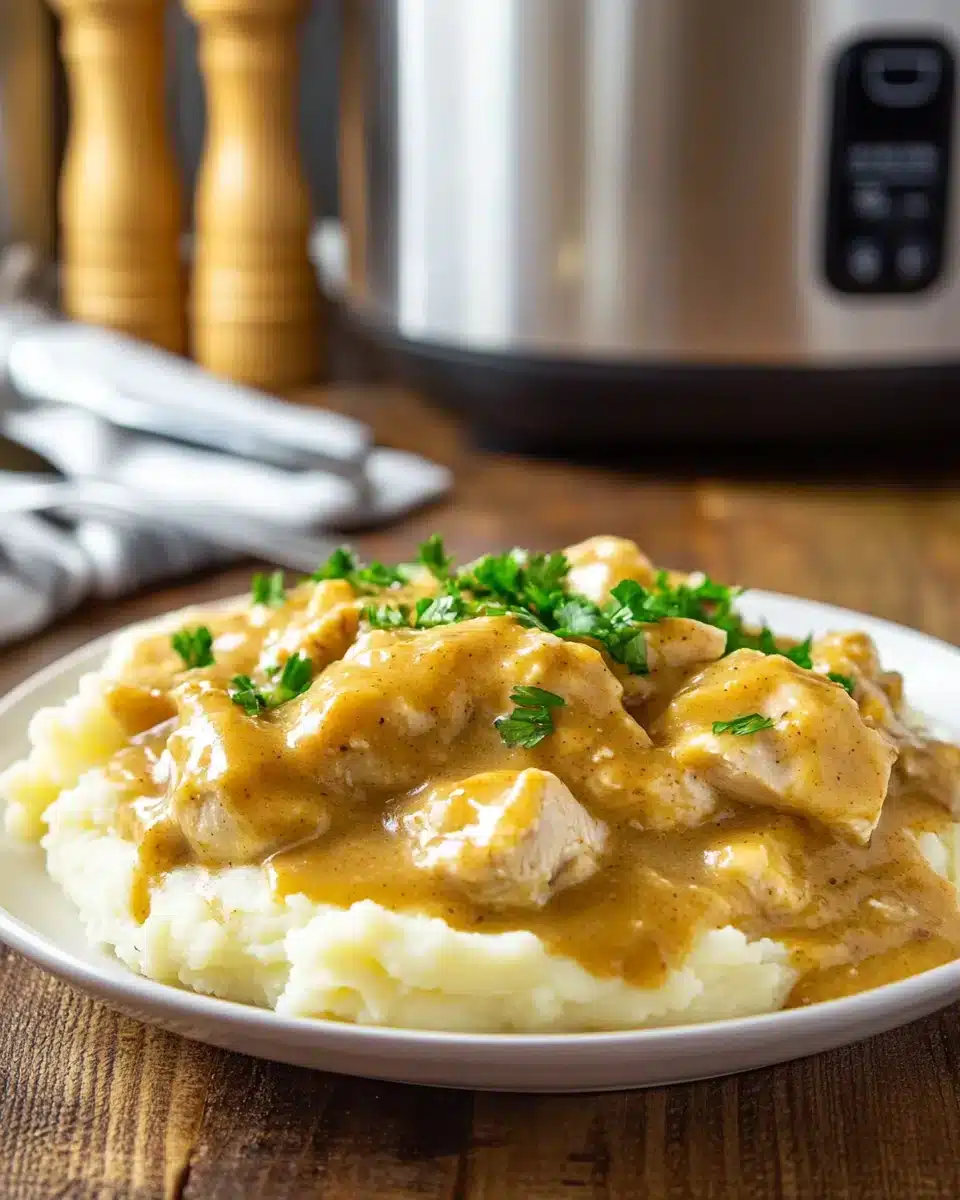 Delicious Crock Pot Chicken and Gravy Dish Crock Pot Chicken and Gravy over mashed potatoes, a comforting family meal.