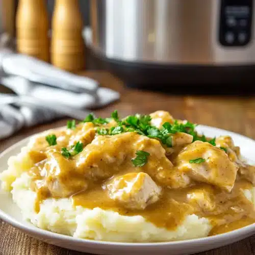 Crock Pot Chicken and Gravy 1 Crock Pot Chicken and Gravy over mashed potatoes, a comforting family meal.