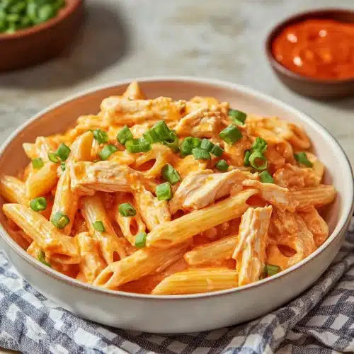 Crock Pot Creamy Buffalo Chicken Pasta with green onions and buffalo sauce.