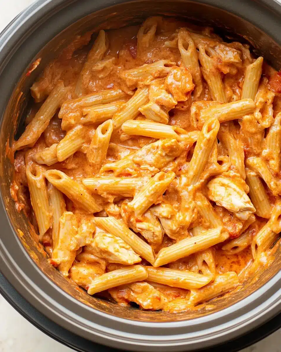 Crock Pot Creamy Buffalo Chicken Pasta in a slow cooker.