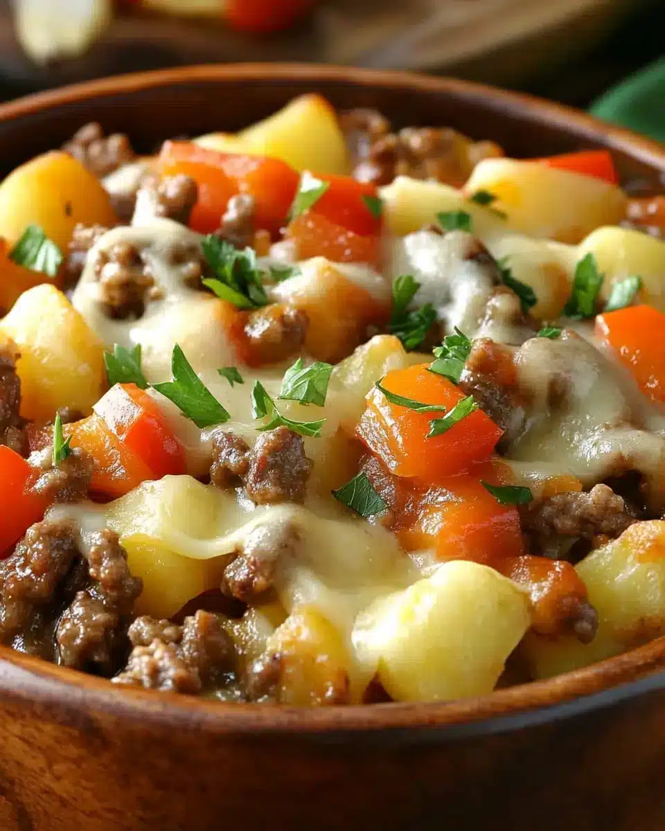 Crockpot Cheesesteak Potato Casserole Crockpot Cheesesteak Potato Casserole served in a rustic bowl.