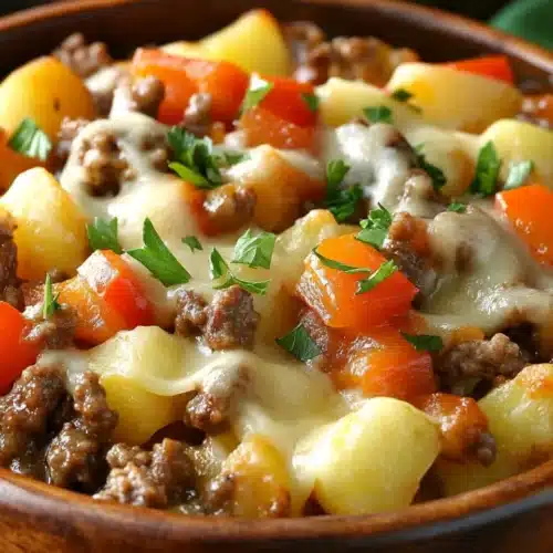 Crockpot Cheesesteak Potato Casserole 1 Crockpot Cheesesteak Potato Casserole served in a rustic bowl.