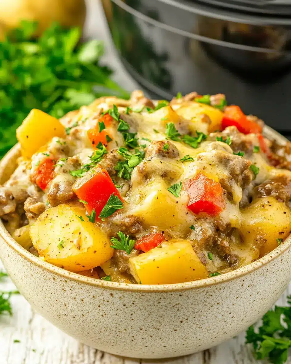 Crockpot Cheesesteak Potato Casserole Delight Crockpot Cheesesteak Potato Casserole served in a bowl with bright colors.