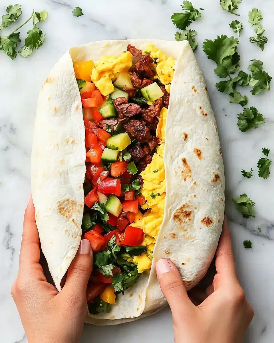 Preparation of tasty Breakfast Burritos on a marble surface.