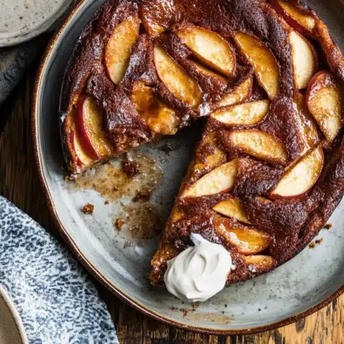 Easy Cinnamon Apple Cake with apple slices on top and whipped cream.