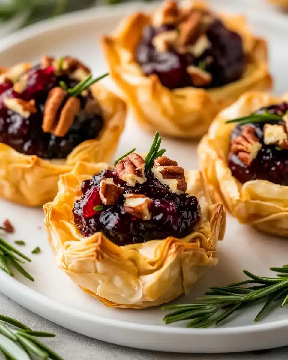 Easy Cranberry Brie Bites on a plate with vibrant toppings.