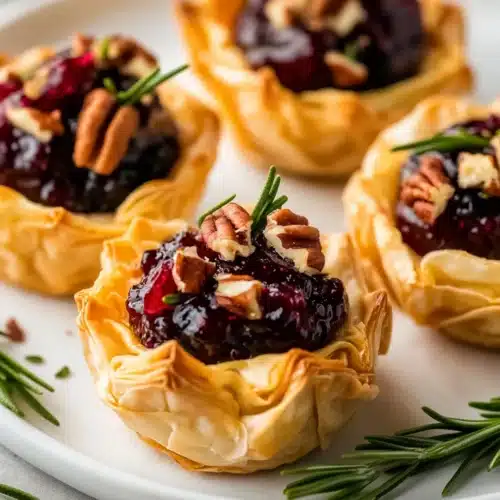 Easy Cranberry Brie Bites on a plate with vibrant toppings.
