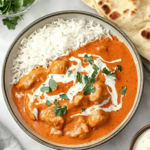 Delicious Easy Homemade Butter Chicken served with naan and rice.