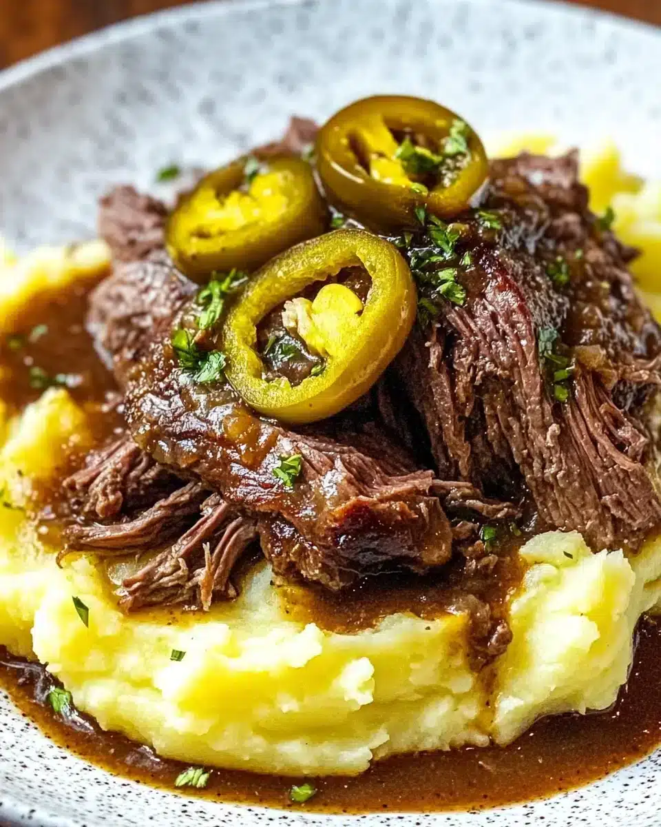 Easy Mississippi Pot Roast Delicious Easy Mississippi Pot Roast with peppers and gravy on a plate.