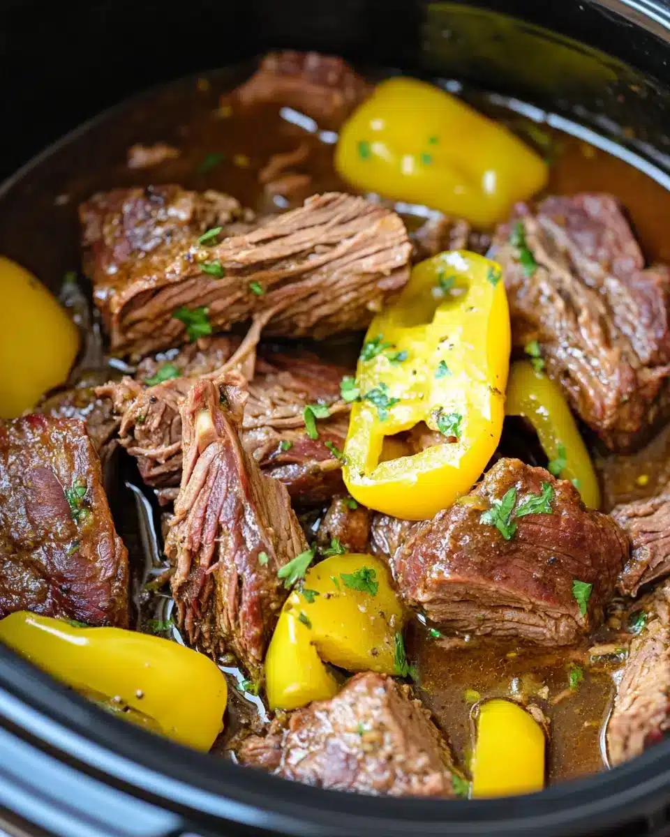 Easy Mississippi Pot Roast in Slow Cooker Delicious Easy Mississippi Pot Roast with peppers and tender beef.