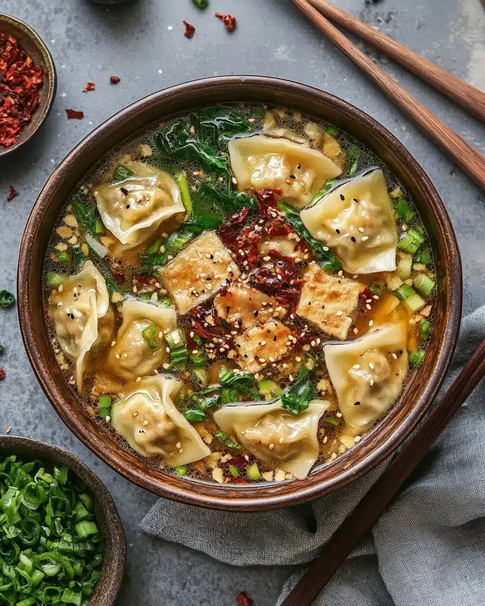 Delicious Easy Potsticker Soup Recipe Delicious Easy Potsticker Soup Recipe for Comfort Food Lovers in a cozy bowl.