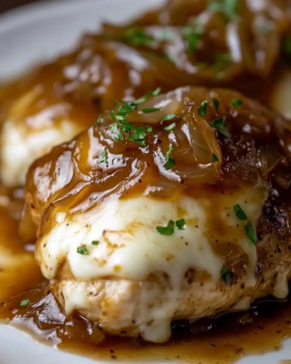 Delicious French Onion Chicken with melted cheese and caramelized onions.
