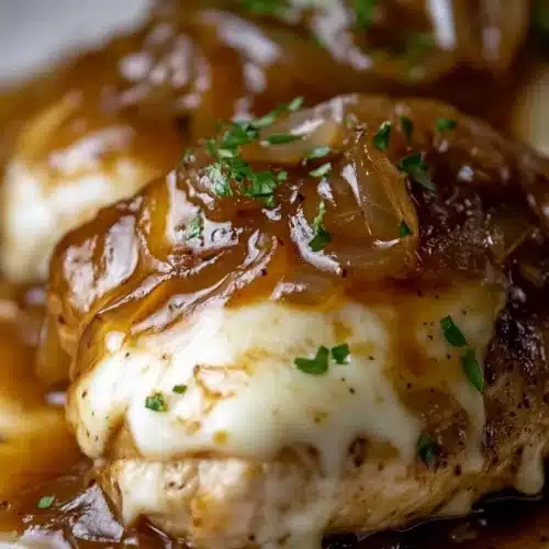 Delicious French Onion Chicken with melted cheese and caramelized onions.