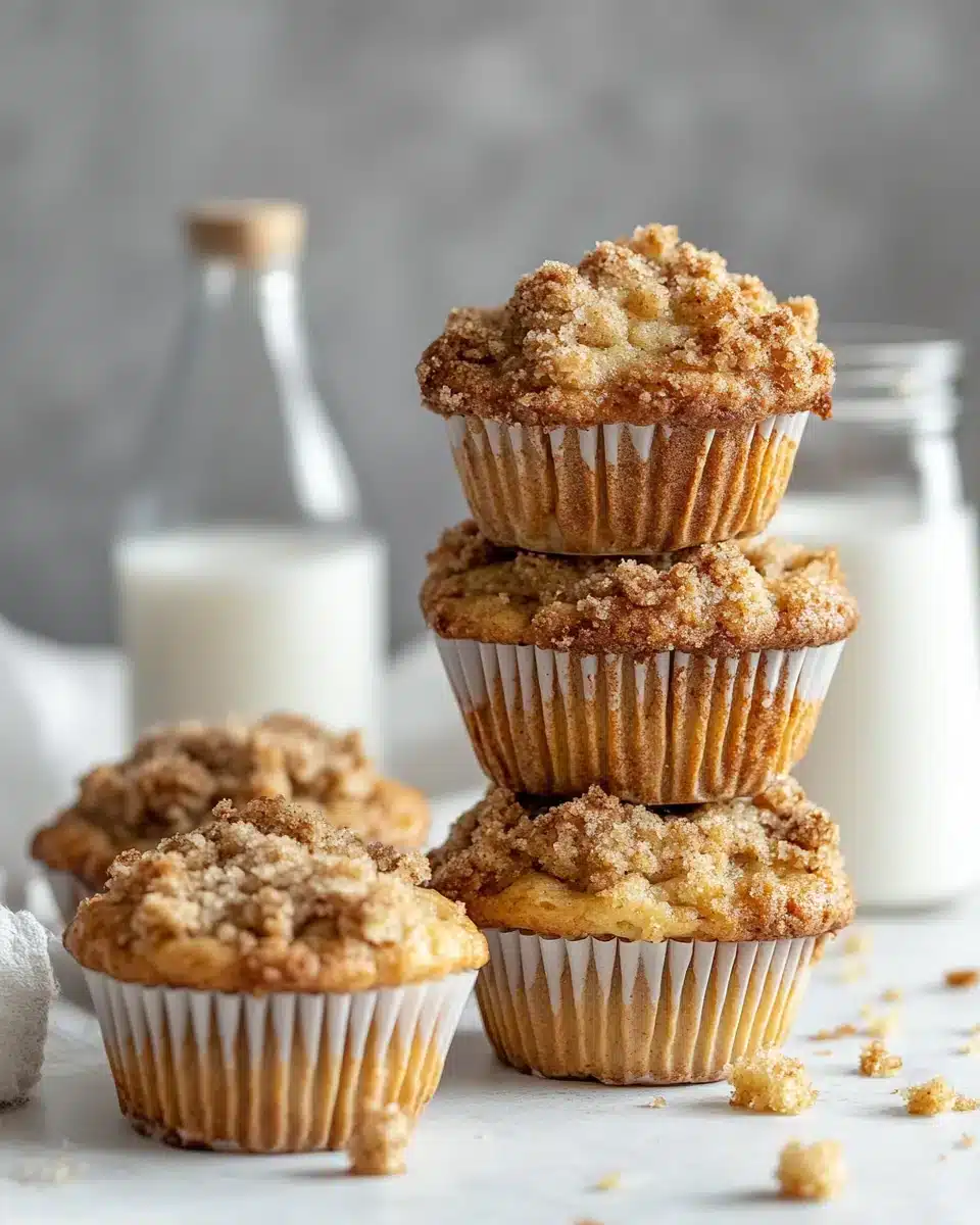 Delicious Gluten-Free Crumb Cake Muffins stacked on parchment paper.