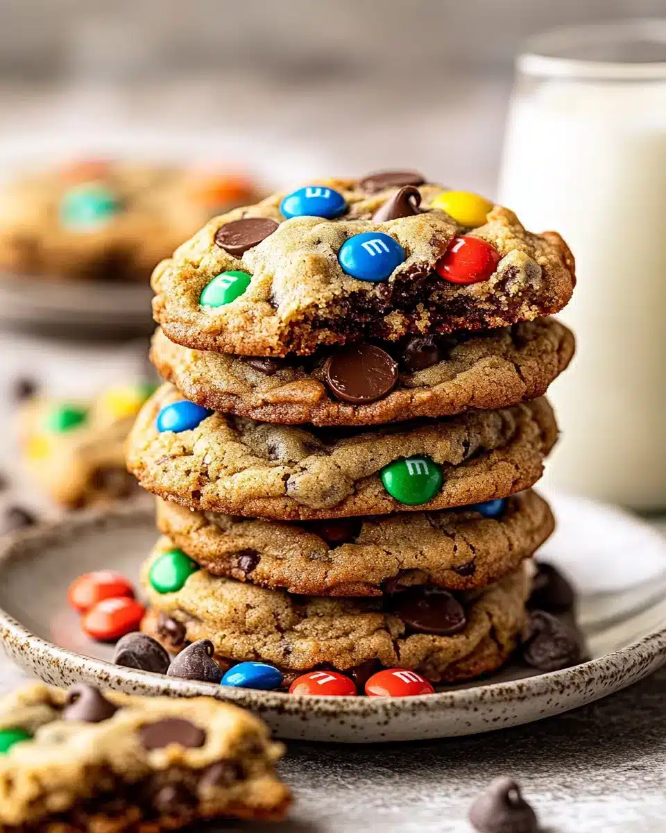 Delicious stack of Gluten-Free Monster Cookies with M&Ms and chocolate chips