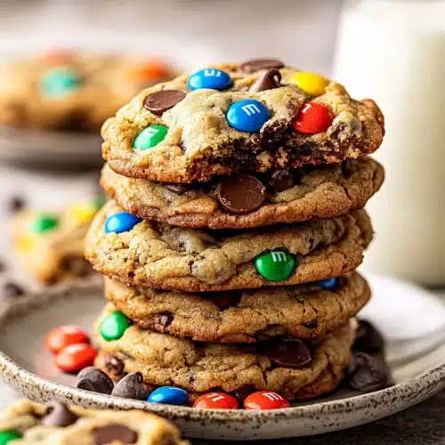 Delicious stack of Gluten-Free Monster Cookies with M&Ms and chocolate chips