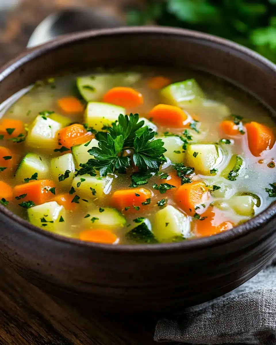 Healing Vegetable Soup with fresh veggies in a rustic bowl.