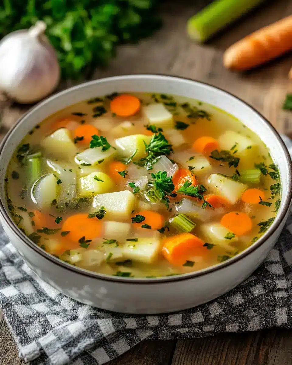 Healing Vegetable Soup with vibrant vegetables in a rustic bowl.