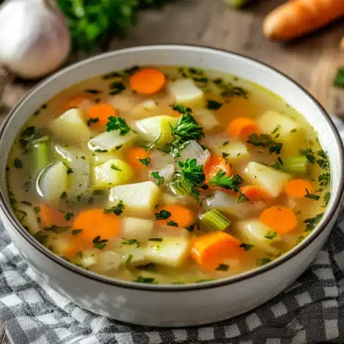 Healing Vegetable Soup with vibrant vegetables in a rustic bowl.