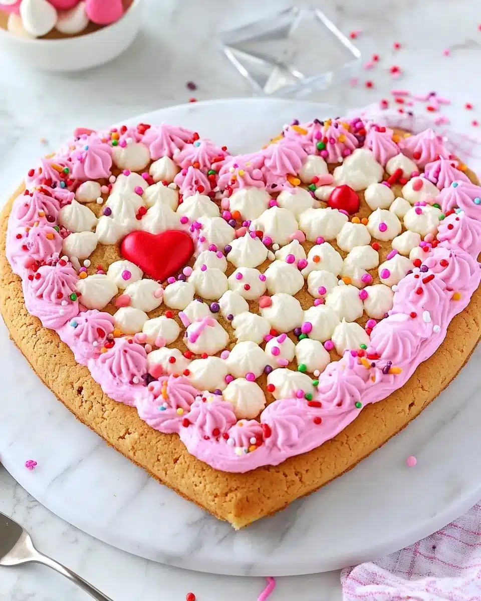 Delicious heart cookie cake with festive decorations and sprinkles.