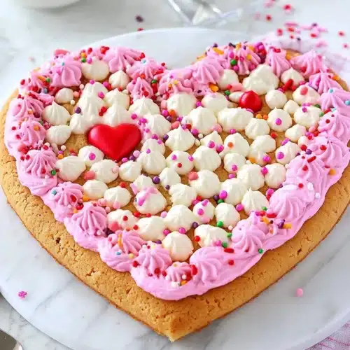 Delicious heart cookie cake with festive decorations and sprinkles.