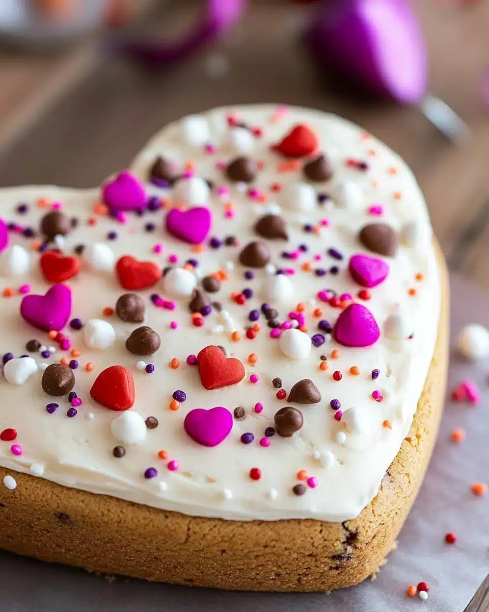 Delicious heart shaped cookie cake topped with frosting and sprinkles.