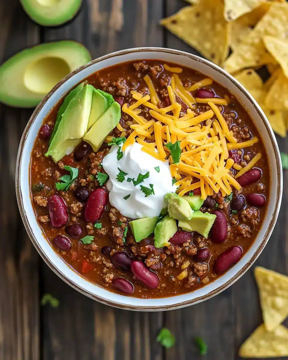 Hearty Crock Pot Chili with cheddar, sour cream, and avocado.