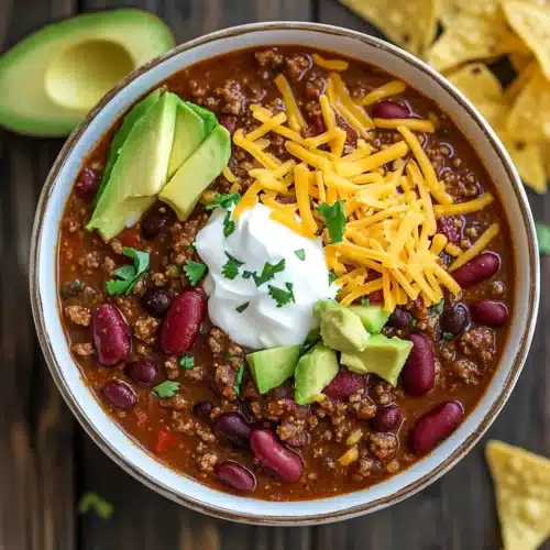 Hearty Crock Pot Chili with cheddar, sour cream, and avocado.