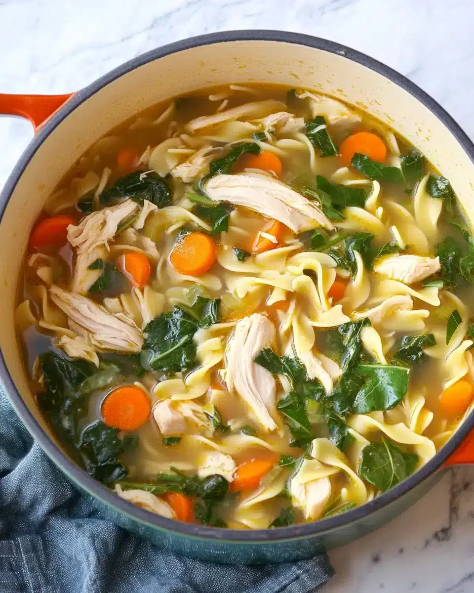Delicious Homemade Chicken Noodle Soup with chicken, carrots, and fresh veggies.