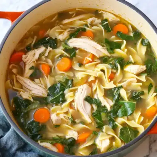 Delicious Homemade Chicken Noodle Soup with chicken, carrots, and fresh veggies.