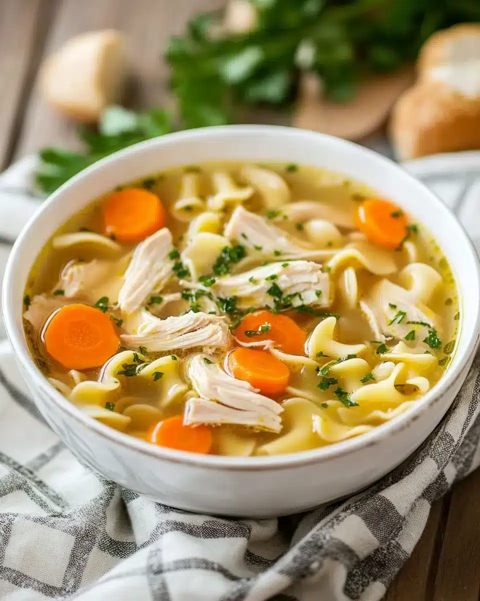 Delicious Homestyle Chicken Noodle Soup with chicken, noodles, and vegetables.