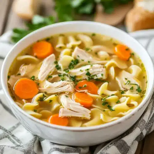Delicious Homestyle Chicken Noodle Soup with chicken, noodles, and vegetables.