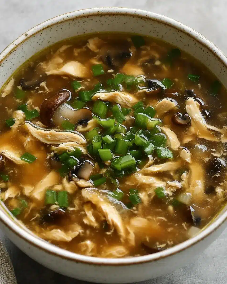 Delicious Hot and Sour Soup with chicken, vegetables, and spices.
