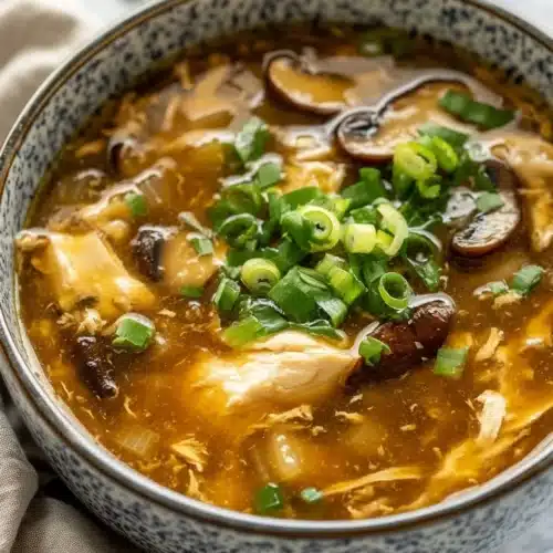 Delicious hot and sour soup with vibrant vegetables and chicken.