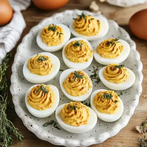 Delicious Instant Pot Thanksgiving Deviled Eggs garnished with herbs