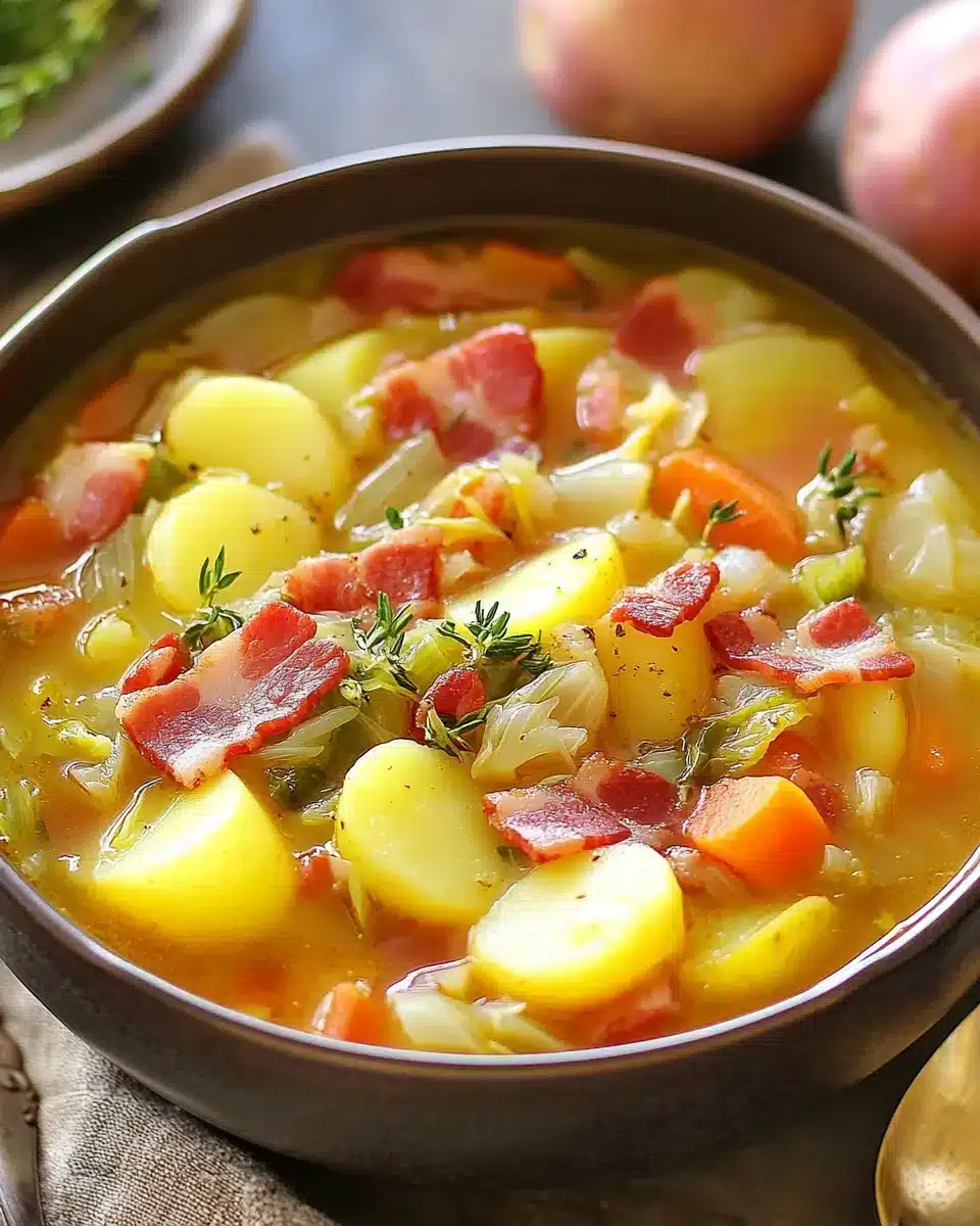 A comforting bowl of Irish Bacon, Cabbage, and Potato Soup.