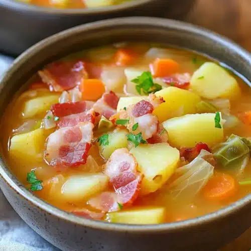 Irish Bacon, Cabbage, and Potato Soup with crispy bacon and fresh vegetables.