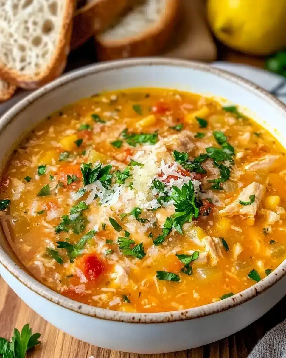 Authentic Italian Penicillin Soup with chicken, vegetables, and herbs.