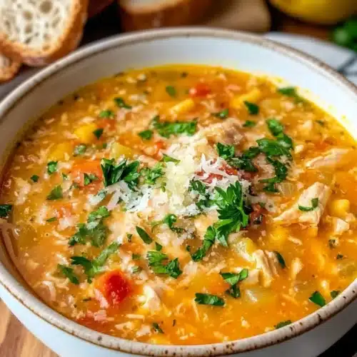 Authentic Italian Penicillin Soup with chicken, vegetables, and herbs.