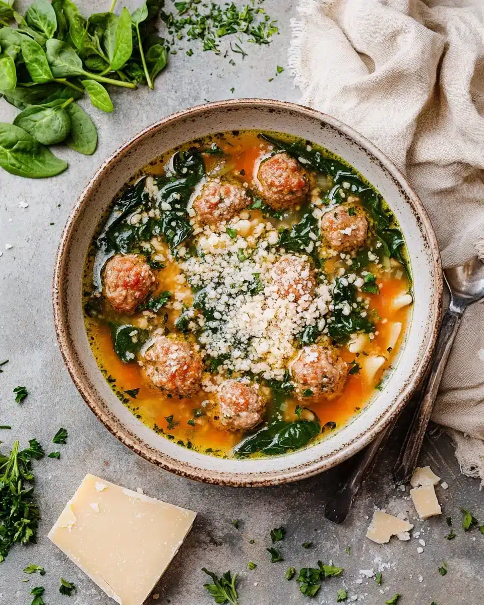 Italian Wedding Soup with meatballs and spinach in bowls.