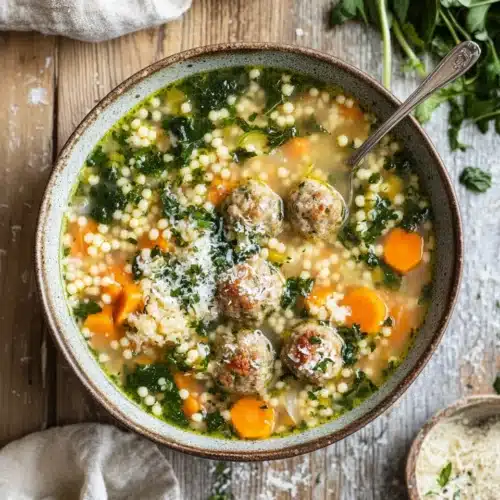 Delicious Italian Wedding Soup featuring meatballs and vegetables.