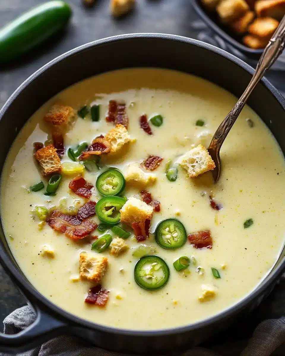 Creamy Jalapeño Popper Soup with jalapeños and bacon on top.