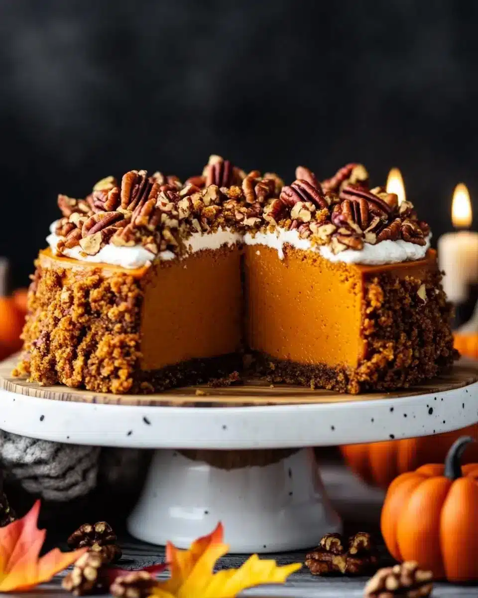 Keto Pumpkin Crunch Cake Slice Delicious Keto Pumpkin Crunch Cake slice with pecans on top.