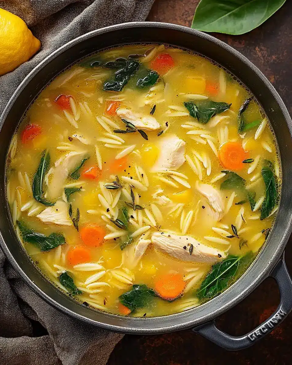 A bowl of Lemon Chicken Orzo Soup with chicken and vegetables.