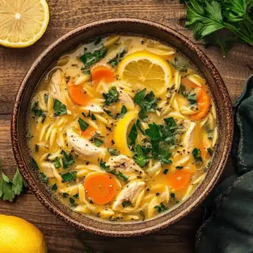 Delicious Lemon Chicken Orzo Soup with chicken and lemon slices.